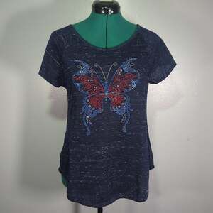Amana Y2K Navy Rhinestone Butterfly Graphic Tee Medium Mcbling